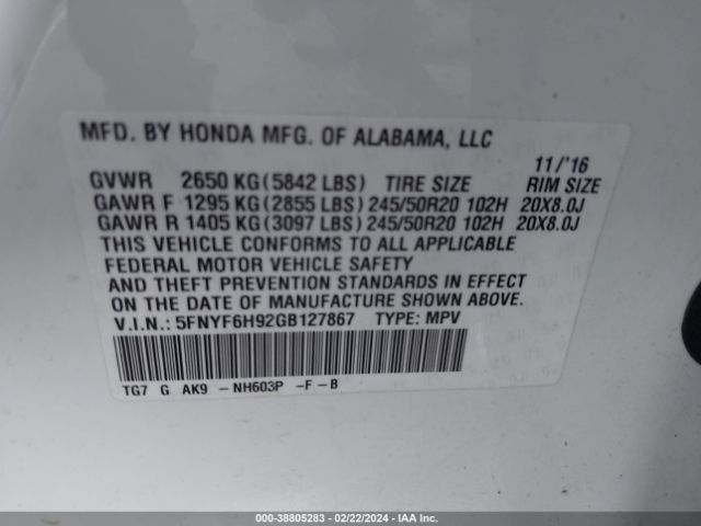 5FNYF6H92GB127867 Honda Pilot Touring