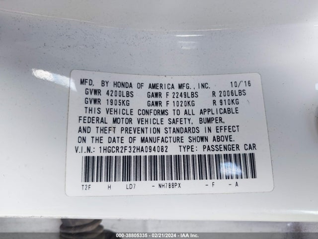 Honda ACCORD LX 2017 1HGCR2F32HA094082 Image 9
