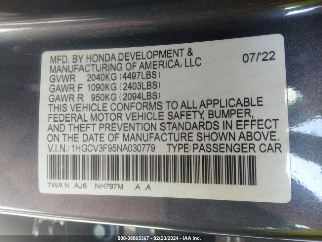 1HGCV3F95NA030779 Honda Accord Hybrid Touring