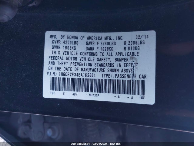 Honda ACCORD LX 2014 1HGCR2F34EA165861 Image 9