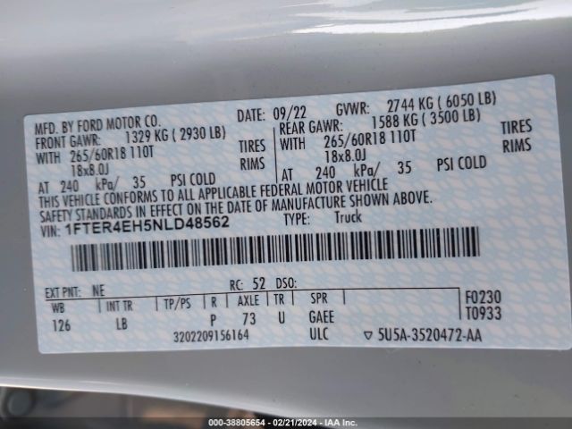 1FTER4EH5NLD48562 Ford Ranger Xlt