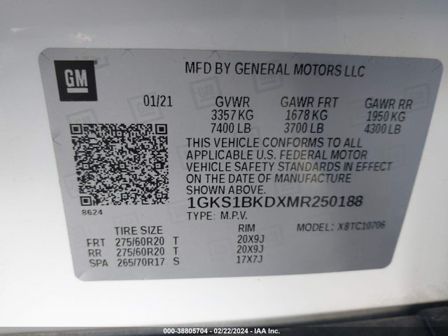 1GKS1BKDXMR250188 GMC Yukon 2wd Slt