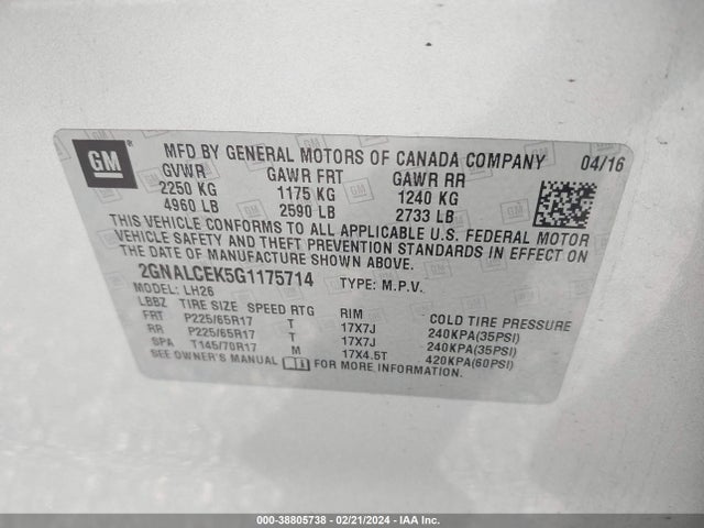 Chevrolet EQUINOX LT 2016 2GNALCEK5G1175714 Image 9