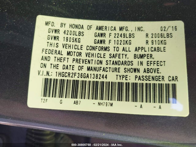 Honda ACCORD LX 2016 1HGCR2F36GA138244 Image 9