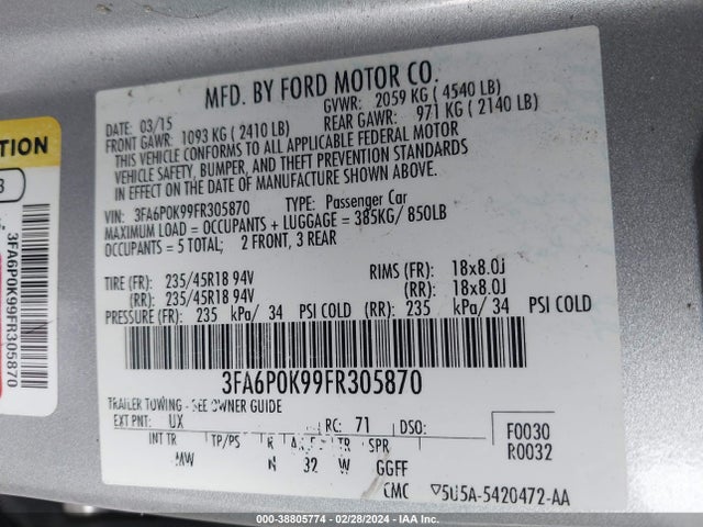 Ford Fusion Titanium 2015 3FA6P0K99FR305870 Image 9