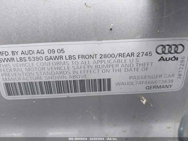 2006 AUDI A6 4.2 VIN: WAUDL74F46N073638