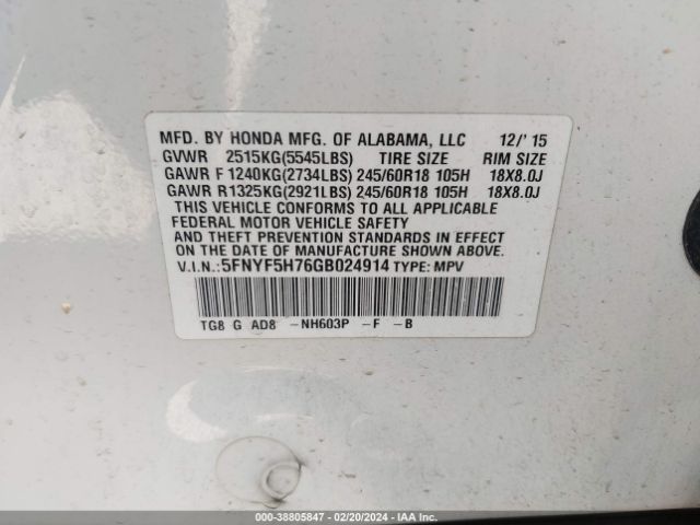 5FNYF5H76GB024914 Honda Pilot Ex-l