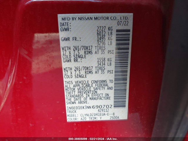 Nissan Frontier Pro-4x 4x4 2022 1N6ED1EK3NN690702 Image 9