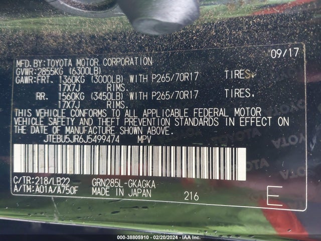 Toyota 4runner Sr5 Premium 2018 JTEBU5JR6J5499474 Image 9