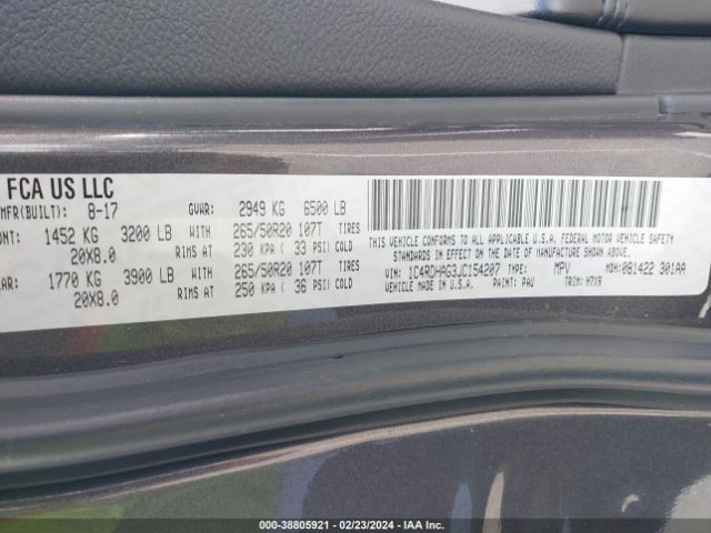 1C4RDHAG3JC154207 Dodge Durango Sxt Rwd