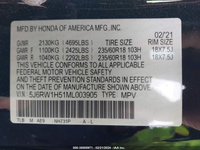 5J6RW1H51ML003905 Honda Cr-v 2wd Ex