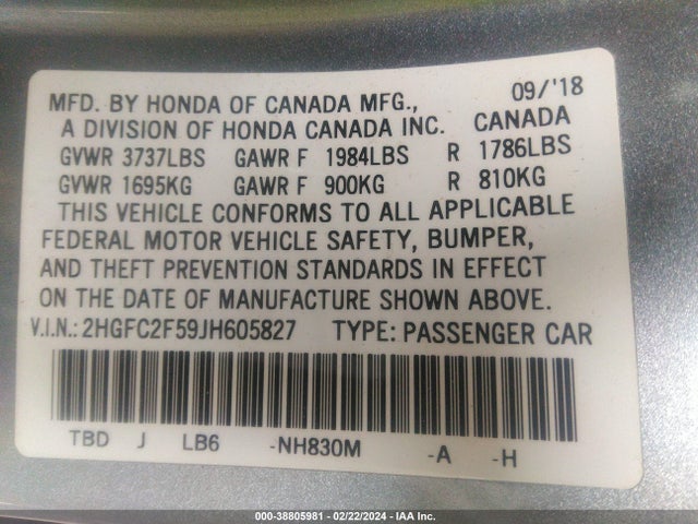 Honda Civic Lx 2018 2HGFC2F59JH605827 Image 9