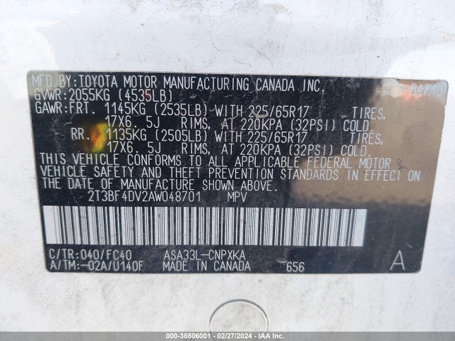 2010 TOYOTA RAV4 VIN: 2T3BF4DV2AW048701