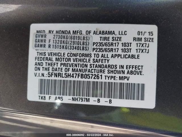 Honda ODYSSEY EX 2015 5FNRL5H47FB057261 Image 9