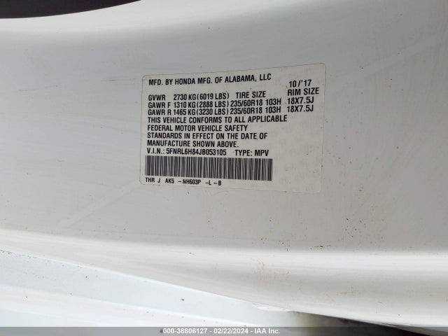 Honda Odyssey Touring 2018 5FNRL6H84JB053105 Image 9