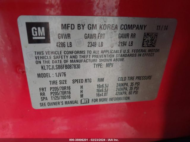 KL7CJLSB6FB087830 Chevrolet Trax Lt