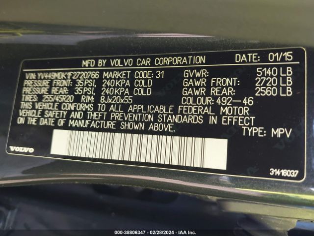 YV449MDK1F2720766 Volvo Xc60 T6