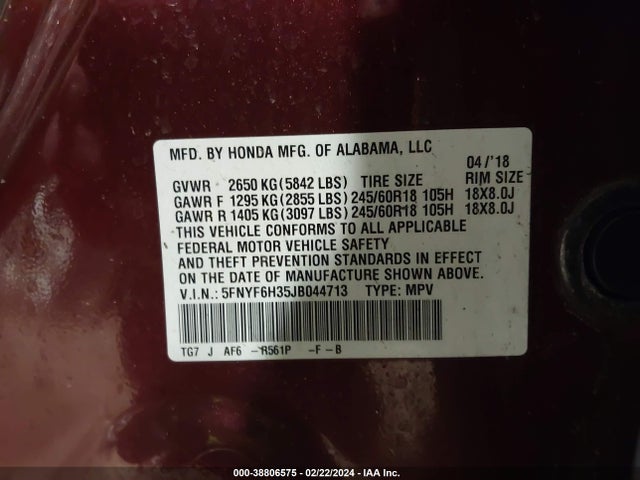 Honda Pilot Ex 2018 5FNYF6H35JB044713 Image 9