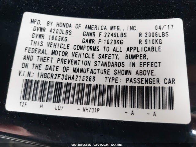 Honda ACCORD LX 2017 1HGCR2F35HA215266 Image 9