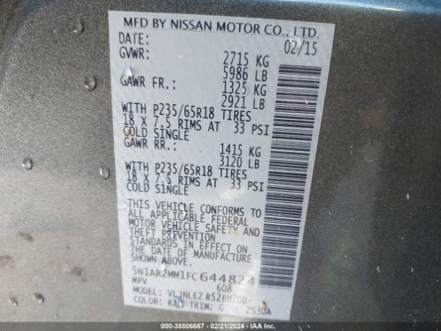 5N1AR2MM1FC644824 Nissan Pathfinder Sv