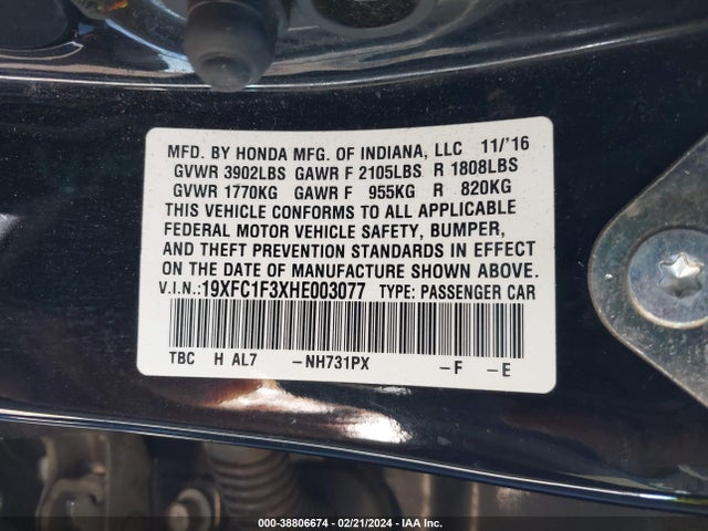 Honda Civic Ex-t 2017 19XFC1F3XHE003077 Image 9