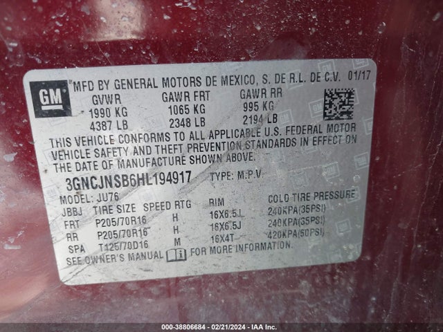 Chevrolet TRAX LS 2017 3GNCJNSB6HL194917 Image 9