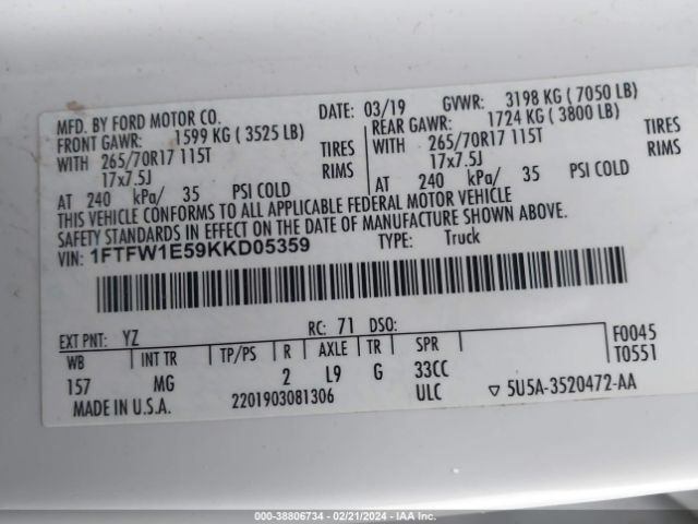 1FTFW1E59KKD05359 Ford F-150 Xlt
