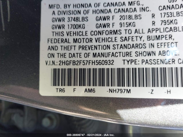 Honda Civic Lx 2015 2HGFB2F57FH560932 Image 9