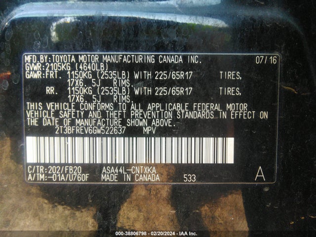 Toyota RAV4 LE 2016 2T3BFREV6GW522637 Image 9