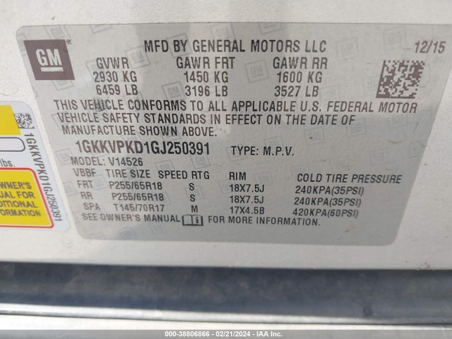 GMC Acadia Sle-2 2016 1GKKVPKD1GJ250391 Image 9