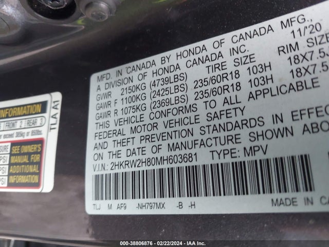Honda Cr-v Awd Ex-l 2021 2HKRW2H80MH603681 Image 9