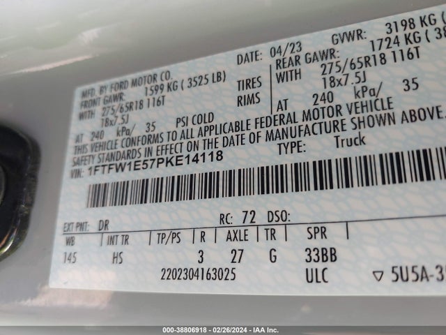 1FTFW1E57PKE14118 Ford F-150 Lariat
