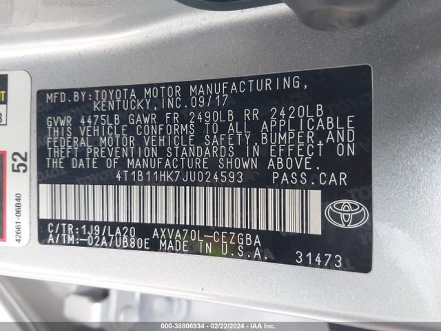 Toyota CAMRY XLE 2018 4T1B11HK7JU024593 Image 9