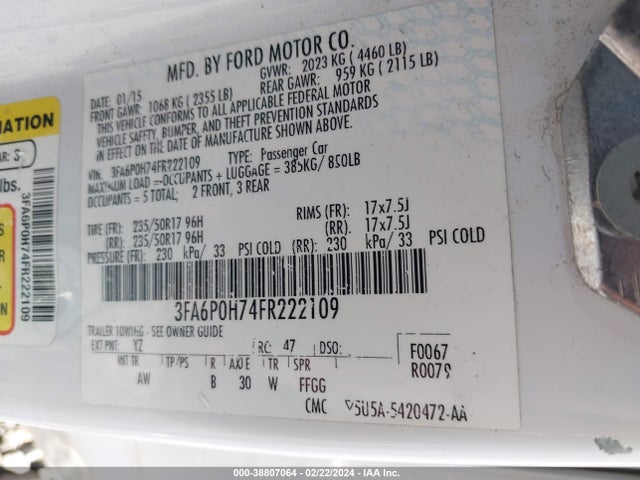Ford FUSION SE 2015 3FA6P0H74FR222109 Image 9