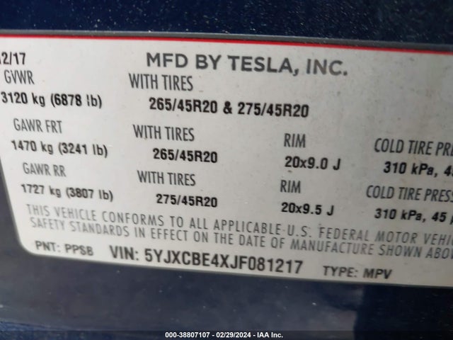 5YJXCBE4XJF081217 Tesla Model X 100d/75d/p100d