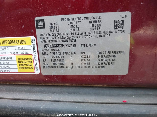 Chevrolet Traverse 1lt 2015 1GNKRGKD3FJ212179 Image 9