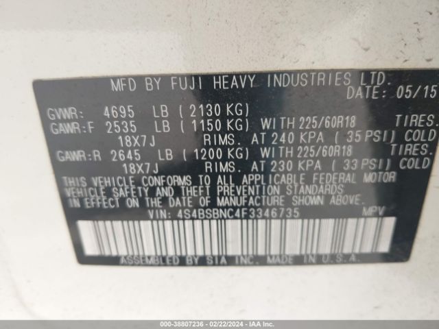 4S4BSBNC4F3346735 Subaru Outback 2.5i Limited