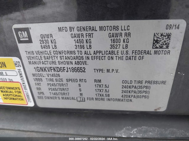 Chevrolet Traverse Ls 2015 1GNKVFKD6FJ186652 Image 9