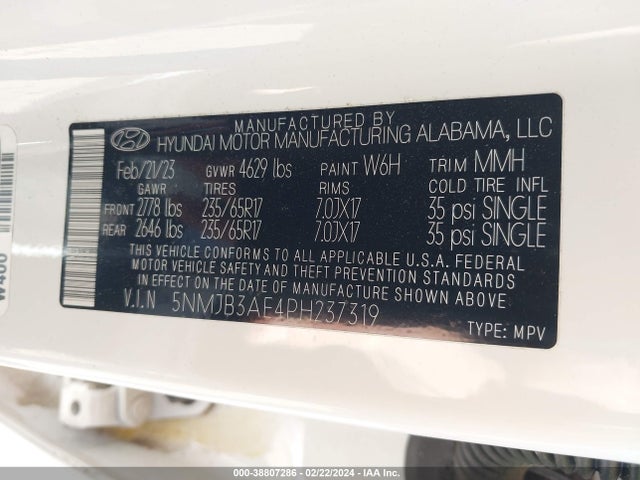 2023 HYUNDAI TUCSON SEL VIN: 5NMJB3AE4PH237319