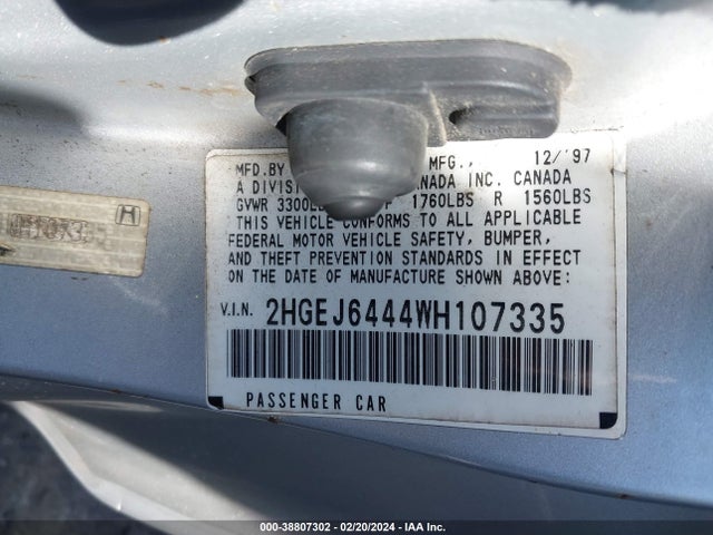 1998 HONDA CIVIC DX VIN: 2HGEJ6444WH107335