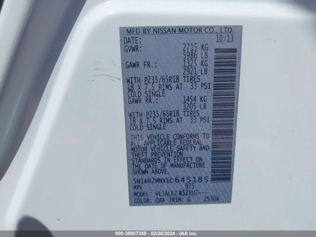 Nissan Pathfinder Sv 2014 5N1AR2MNXEC645185 Image 9