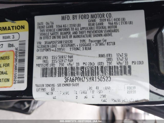 Ford FUSION SE 2017 3FA6P0H75HR150520 Image 9