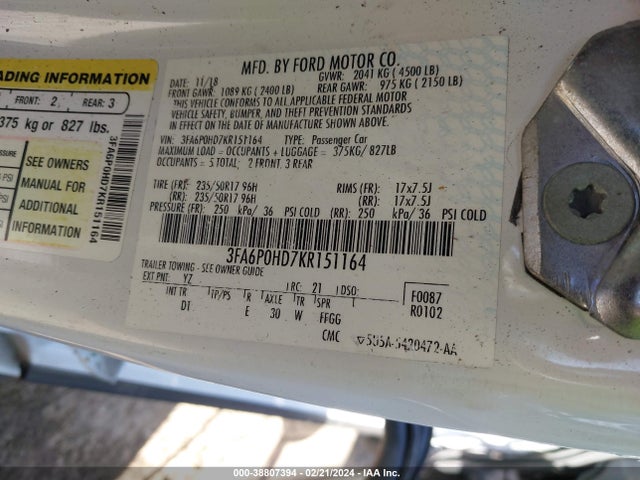 Ford FUSION SE 2019 3FA6P0HD7KR151164 Image 9