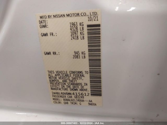 1N4BL4DV6MN415612 Nissan Altima Sv Fwd