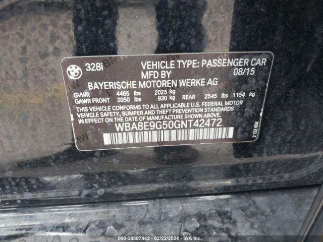 WBA8E9G50GNT42472 BMW 328I
