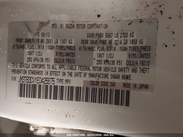 JM3TB3CV1E0426875 Mazda Cx-9 Touring