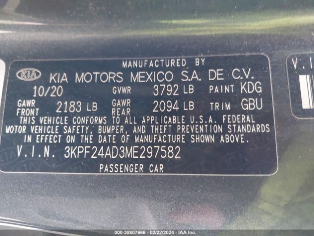 3KPF24AD3ME297582 KIA Forte Lxs