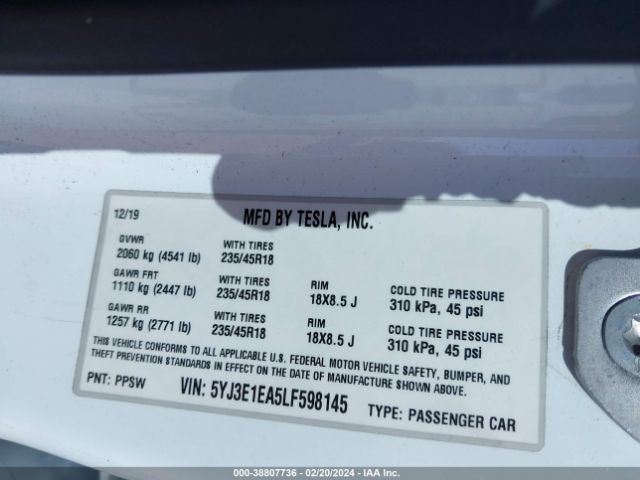 5YJ3E1EA5LF598145 Tesla MODEL 3