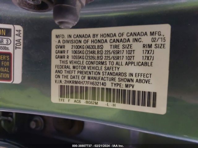 2HKRM4H77FH632140 Honda Cr-v Ex-l