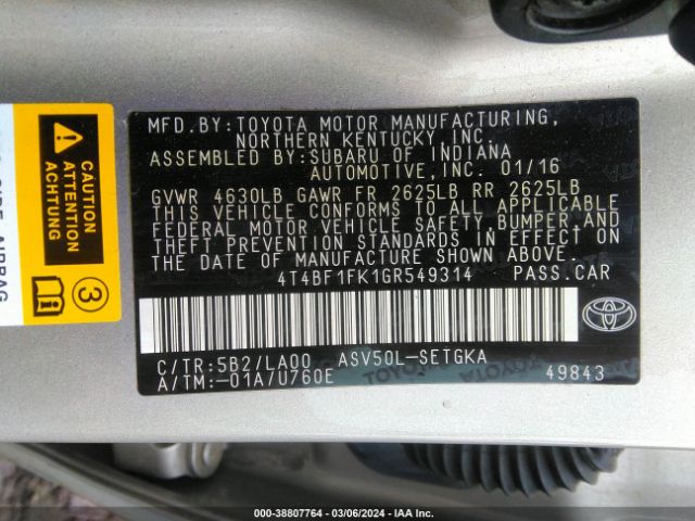 4T4BF1FK1GR549314 Toyota CAMRY XLE